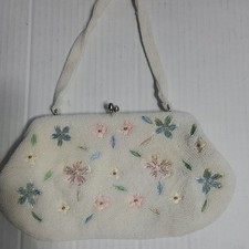 Vintage Richere Beaded Floral Handbag Clutch Ivory Handmade In Japan