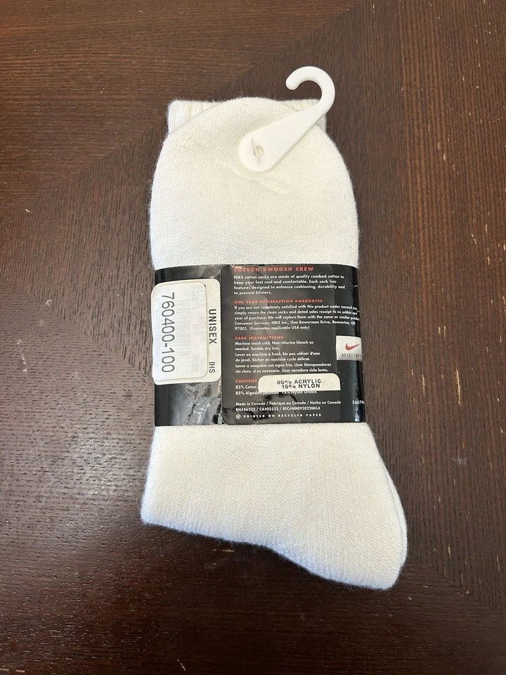 Vintage Nike Crew Socks 90’s White/Grey Size 4 - 10 1/2 Pair New Old Stock Rare - Image 2 of 4
