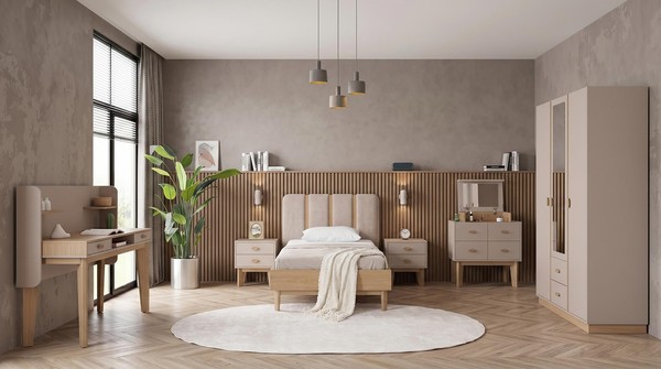 Beiges Jugendzimmer Bett Nachttische Kleiderschrank Kommode, Schreibtisch-image