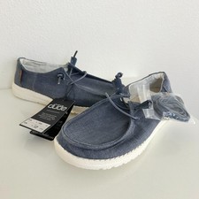 NWT Hey Dude Women's Wendy Chambray Navy White Lightweight Slip On Laces Size 6