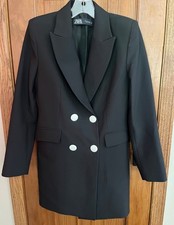 ZARA Long Double Breast Blazer, Lined, Blk, Wht Buttons, Medium, Morocco, NICE 