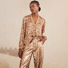 Blusa Boho NKN Nekane AU Ambika Con Cuentas Estampado Hoja Camel | Nueva con Etiquetas | Mediana