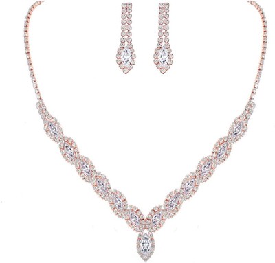 CZ Rhinestone Necklace Earrings Wedding Jewelry Set For Bride Rose