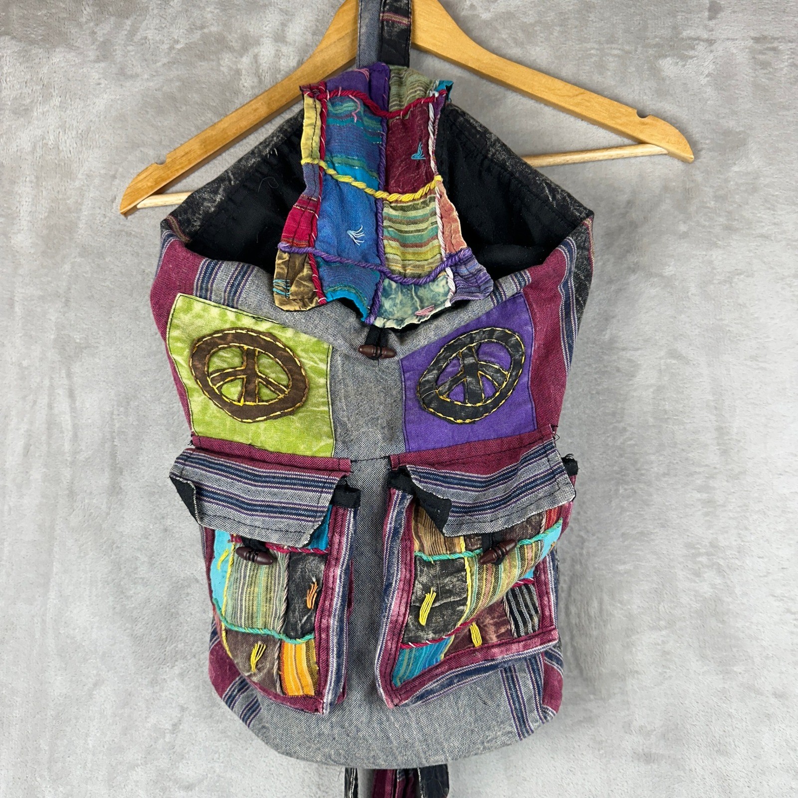 Boho Patchwork Peace Sign Backpack Multicolor Hip… - image 1