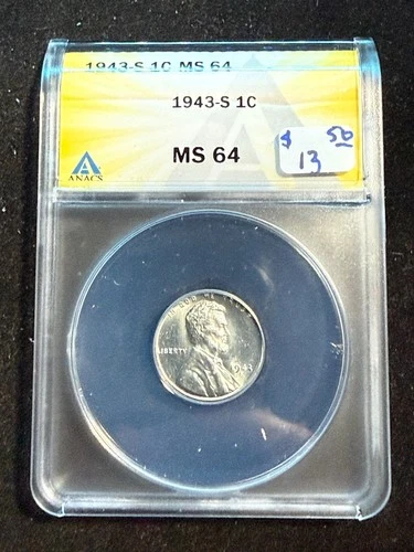 1943 S LINCOLN WHEAT STEEL CENT ANACS MS 64 204
