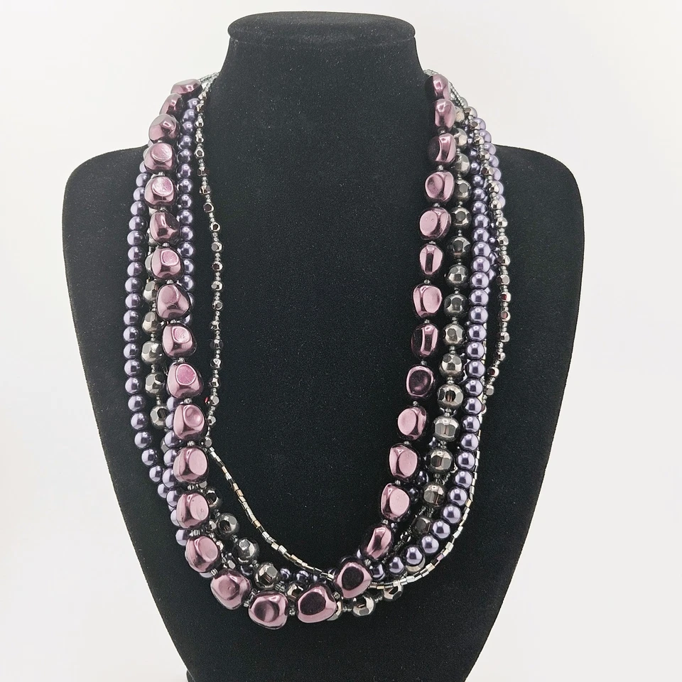 Collar llamativo vintage de múltiples hebras con cuentas de vidrio púrpura perla gruesa en capas Foto 2 de 4