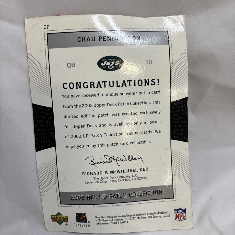 Colección de parches de jugador de cubierta superior de la NFL 2003 Chad Pennington New York Jets Foto 2 de 4