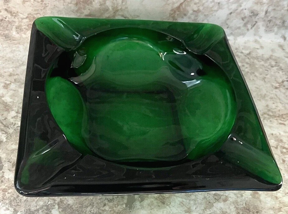 Square 6" Green Glass Ash tray