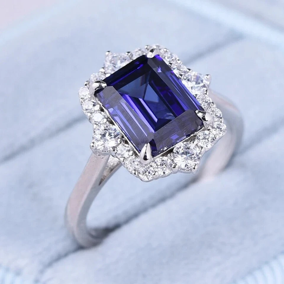 4 Kt Smaragd Blau Diamant Trauring Hochzeit Ring Verlobungsring Weißgold-Finish - Bild 4 von 4