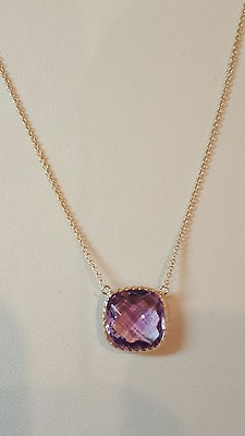 Set 14k Gelbgold Halskette mit echtem Amethyst 10 mm Kissen Karabinerverschluss 