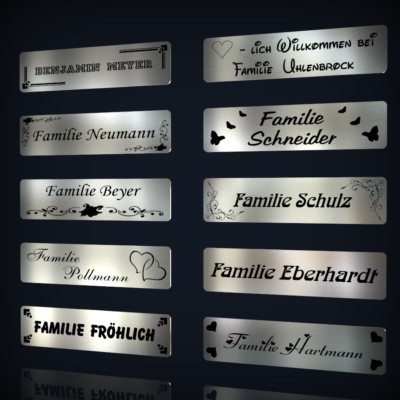 EDELSTAHL NAMENSSCHILD FÜR TÜR, KLINGEL ODER BRIEFKASTEN MIT LASERGRAVUR