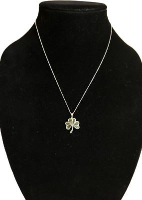 SOLVAR 925 Sterling Silver 3 Leaf Clover Pendant Necklace Italy Green Stone