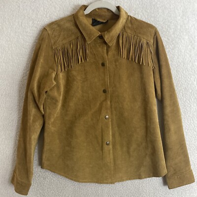 Vintage CAROLE LITTLE Hippie SW Fringed Beige Leather Jacket Woman 10 Outdoor