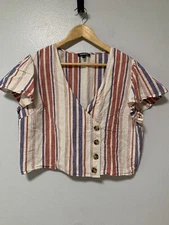 Express linen crop shirt button Cap Sleeve Striped V Neck Show Middle Beach Top