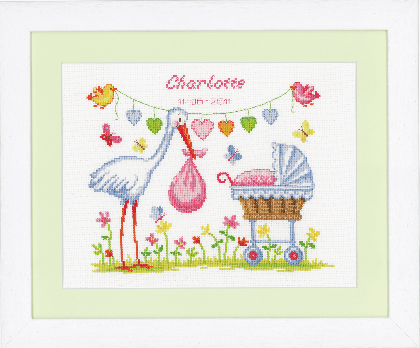 Vervaco Counted Cross Stitch Kit: Birth Record: Stork & Pram - Image 3
