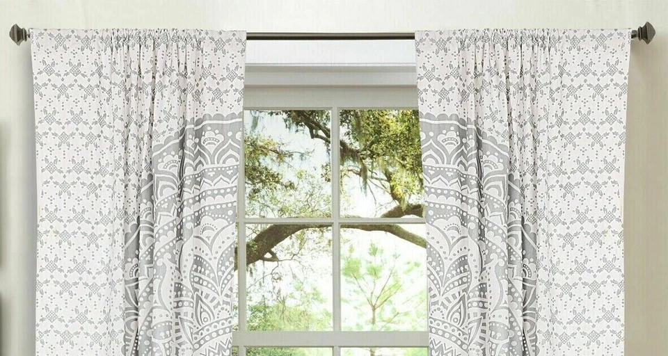 Silver Mandala Tapestry Cotton Window Door Curtains Hippie Boho Wall Panel Decor - Image 2 of 4