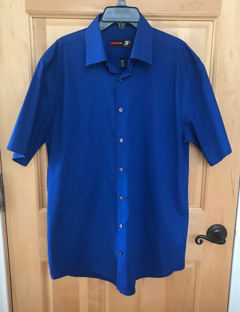 JF J.Ferrar Blue Stretch Slim Fit Short Sleeve Men's Shirt Large 16-16.5  (34-35)