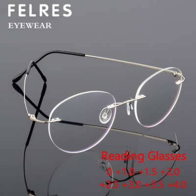 Rimless Metal Reading Glasses Men Round Blue Light Blocking Presbyopic Readers