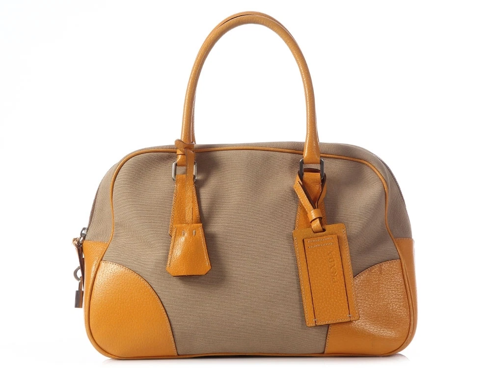 Beige Canvas and Orange Leather Bowler Bag ~ Casual with a pop color! | eBay