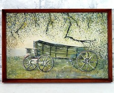 Vintage Oil Painting Mid Century on Board - Old Green Cart Wagon - Farm - Signed