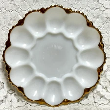 Fire King White Swirl Deviled Egg Server 10" Milk Glass Gold Tray USA  Anchor