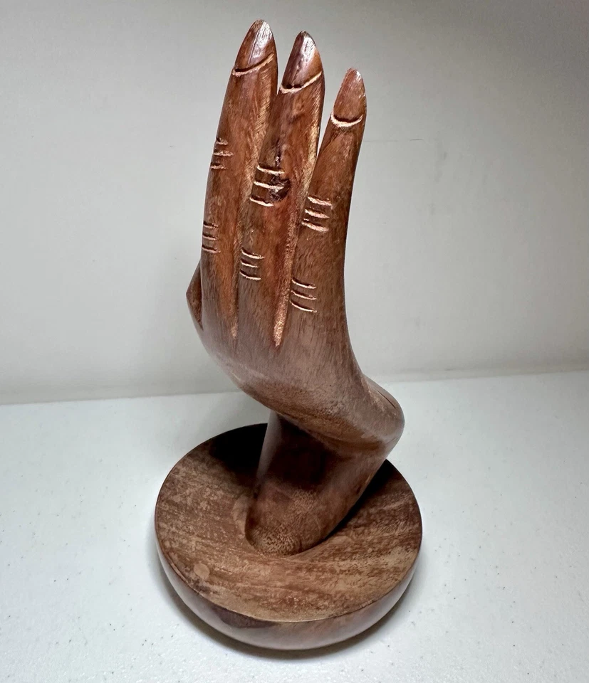 VTG Handmade Carved Dark Brown Wooden Hand | Buddha Vitarka Mudra | Rustic MCM - Image 3 of 4