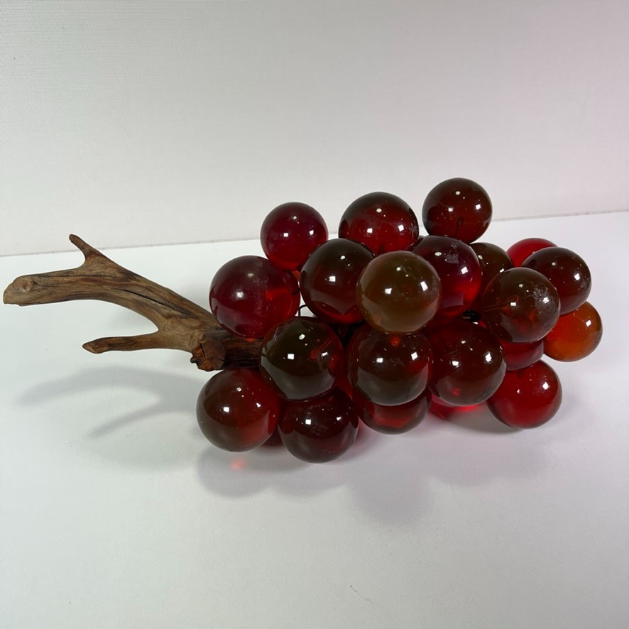 Vintage Mid Century Cluster of Red Acrylic Lucite Grapes Drift Wood Decorative