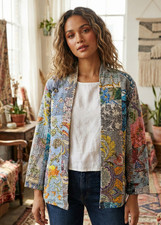 Indian Grey Cotton Kantha Quilted Floral Blazer Casual Coat Short Jacket Women