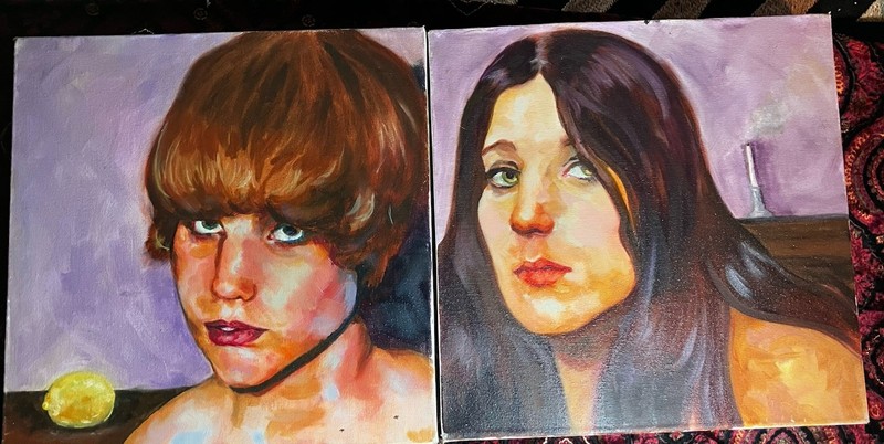 Two 12x12in Square Paintings By Unknown Artist Oil On Canvas