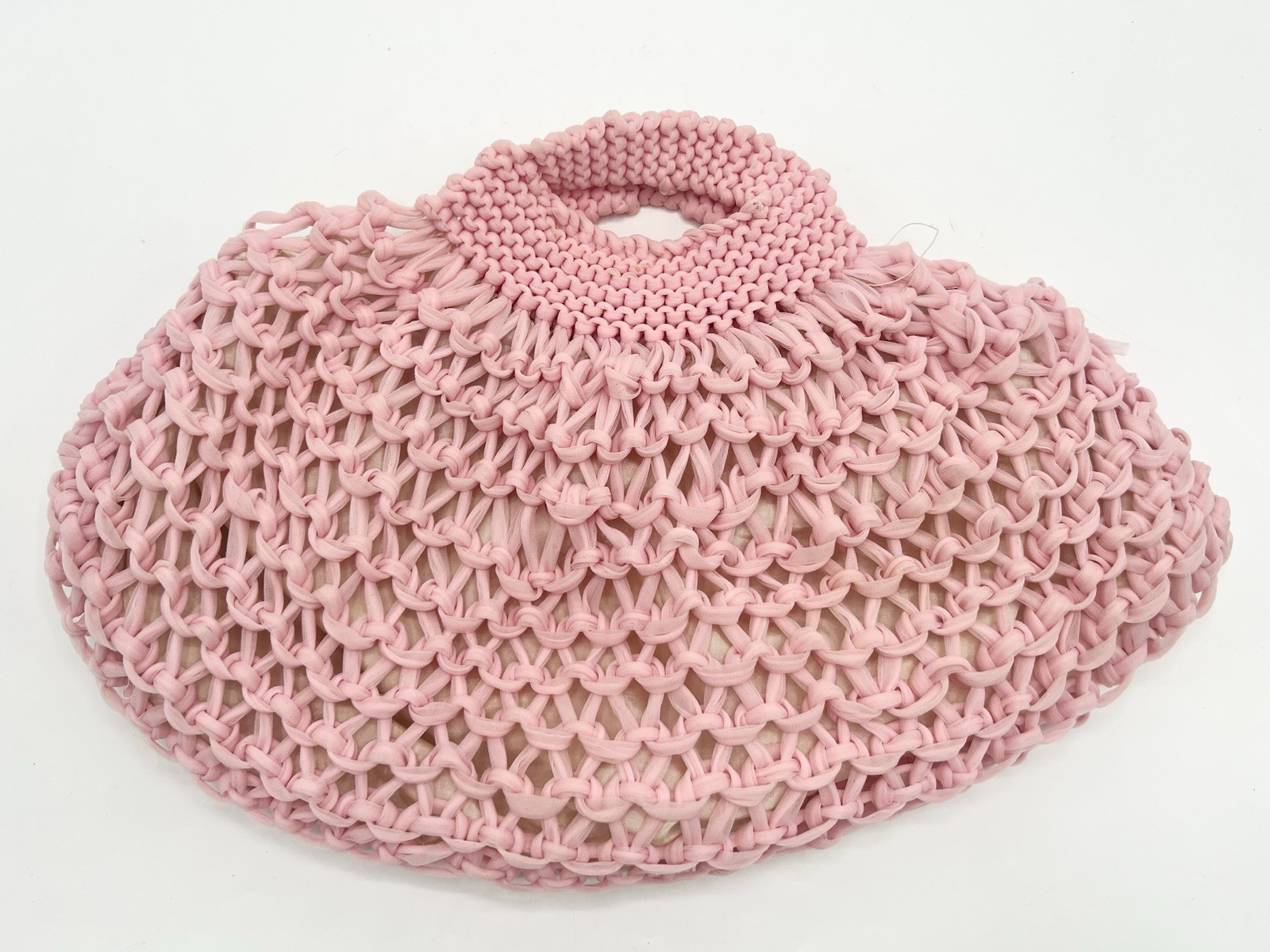 Vintage Pink Crochet Net Market Bag Handmade Lined Boho Cottagecore Handbag