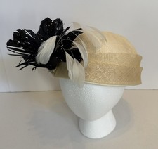 Fine Millinery Fascinator Tan Straw Hat Black / White flowers , Derby