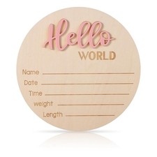 Newborn Baby Announcement Sign, Wooden Hello World Birth Plaques for Nursery