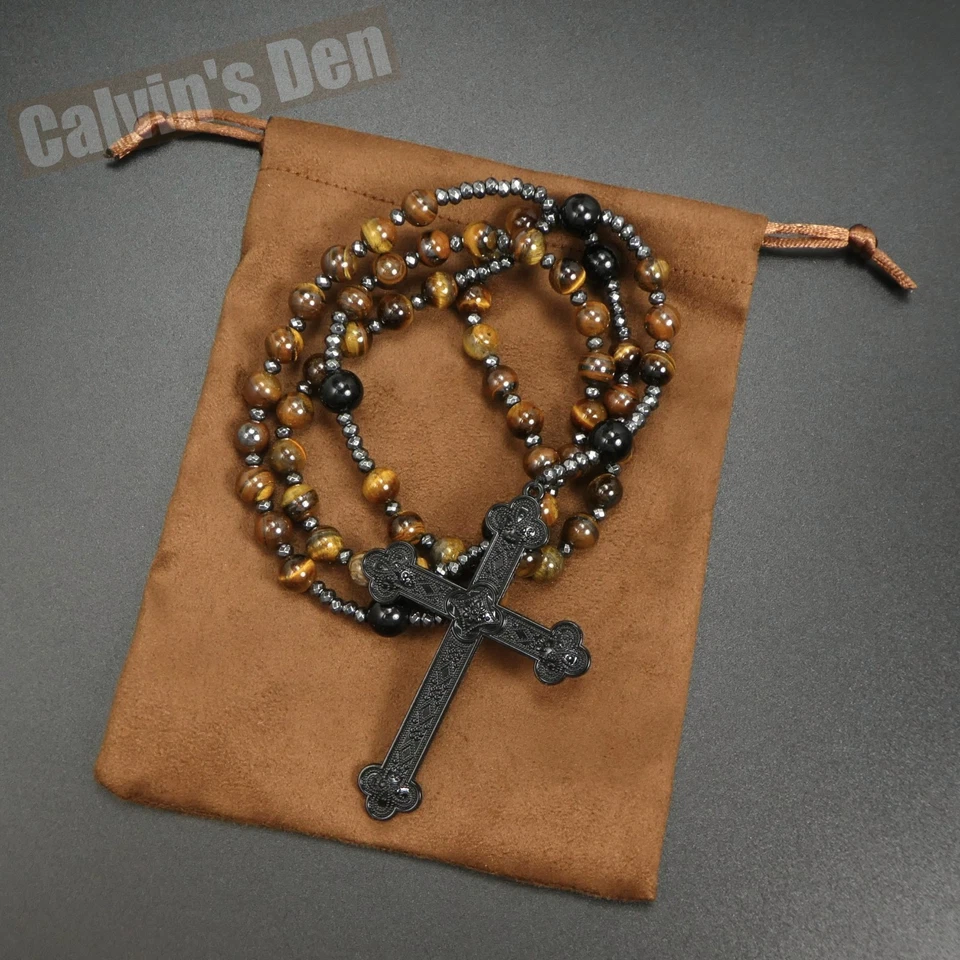 Tiger Eye Black Onyx Beads Gothic Punk Rock Cross Rosary Necklace Heavy Men Gift - Image 4 of 4