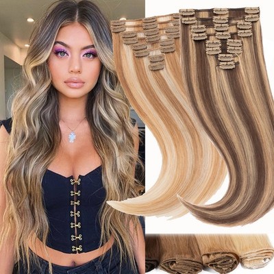 120G Dick Echthaar Clip In Hair Extensions Haarverlängerung 8 Tressen Weft Glatt