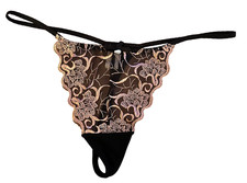 VINTAGE NWOT Y2K Black W/ Beige Floral Lace G-String Thong Panties Medium 6