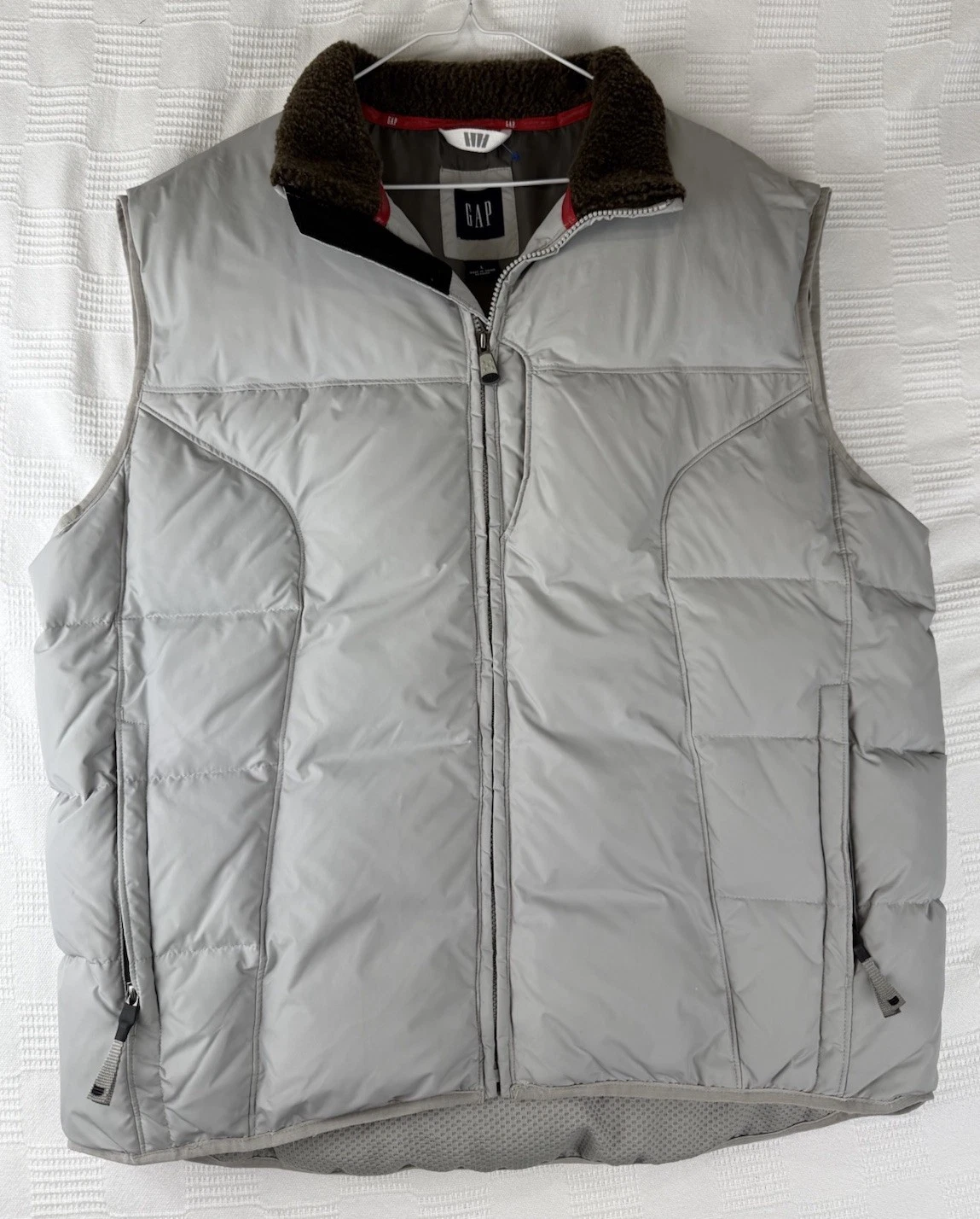 VTG Y2K GAP Mens Down Puffer Vest Solid Gray Sherpa Collar Full Zip Insulated L