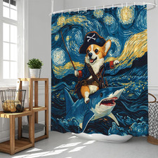 Funny Pirate Dog Riding Shark Shower Curtain Starry Ocean Sea Waves Cute Corg...