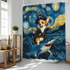 Funny Pirate Dog Riding Shark Shower Curtain Starry Ocean Sea Waves Cute Corg...