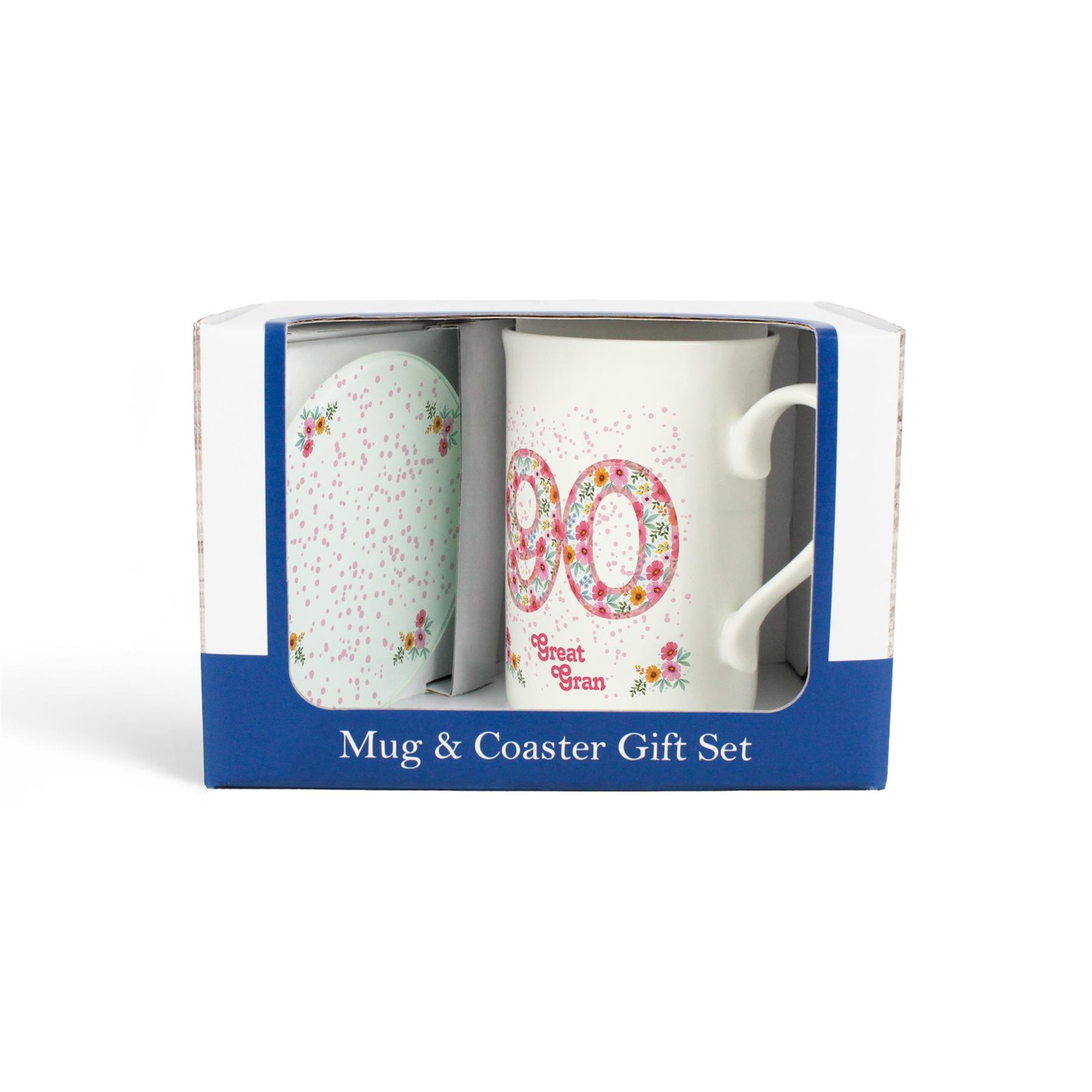 Great Gran 90th Birthday Mug & Coaster Gift Set - Pink Floral Cup Present