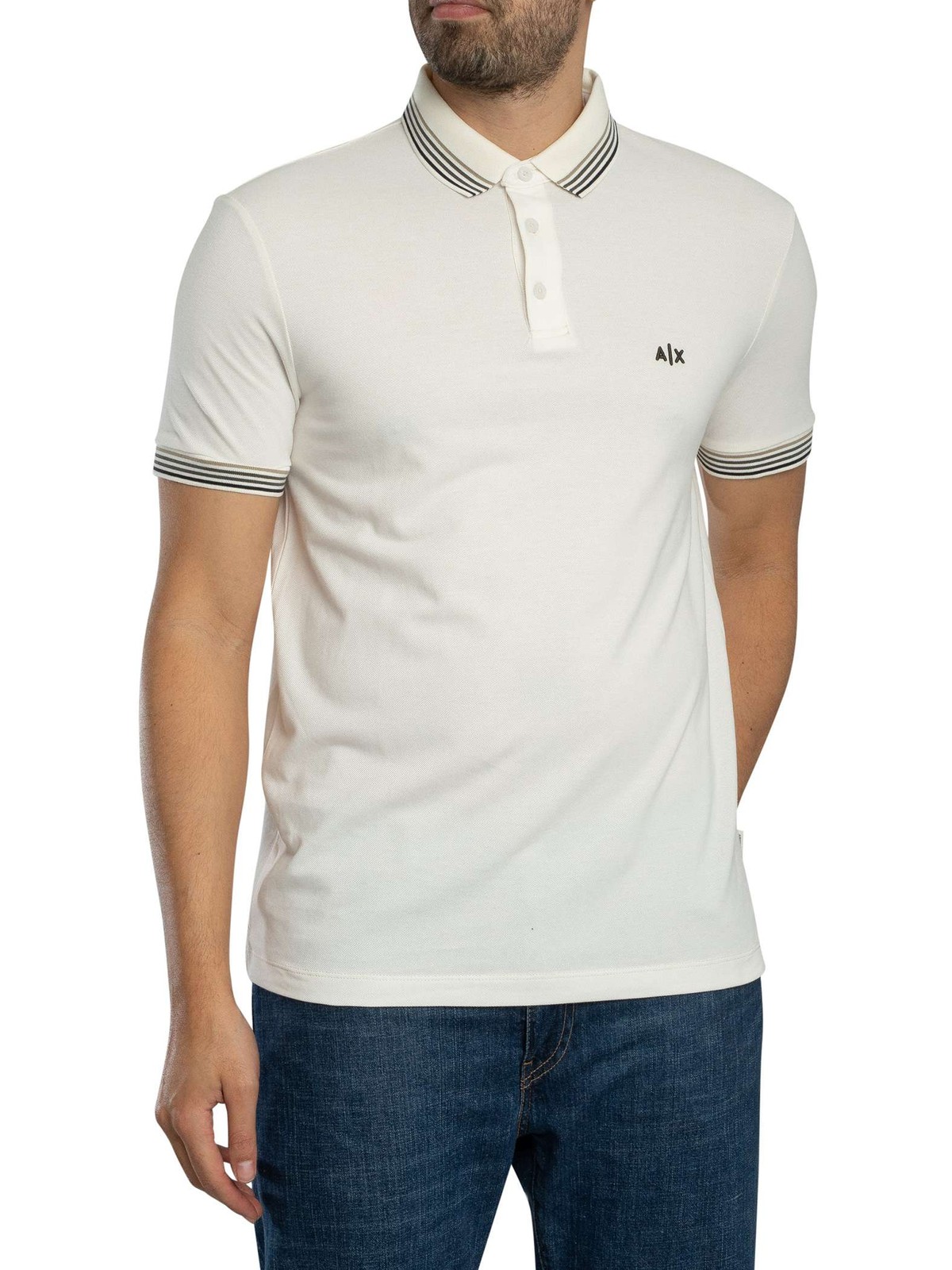 Armani Exchange Slim Fit Stripe Collar Polo Shirt, Cream - XXL