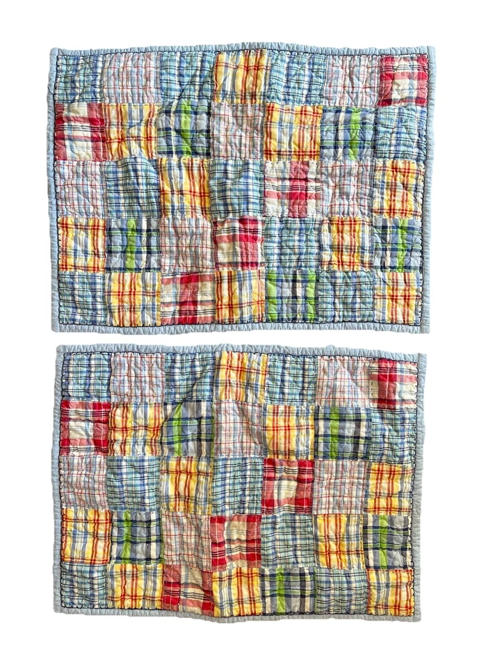 2 POTTERY GRANERO NIÑOS MADRAS CUADROS AZUL ROJO RETAZOS STD ALMOHADA SHAM Chambray Foto 3 de 4