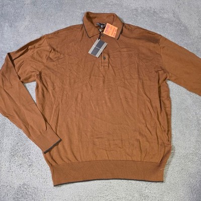 Hart Schaffner Marx Mens Large Polo Sweater Brown Pima Cotton Made in Italy NWT