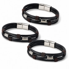 Men's Leather Bracelet Rope winding Stainless Steel Clasp Fashion set of 3