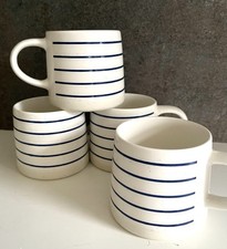 Stripey Mugs New Stoneware Seaside Blue White Set Of 4 FnF large coffee tea 