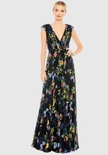 NWT Ieena For Mac Duggal Pleated Floral Cap Sleeve A Line Long Gown Sz 6 $398