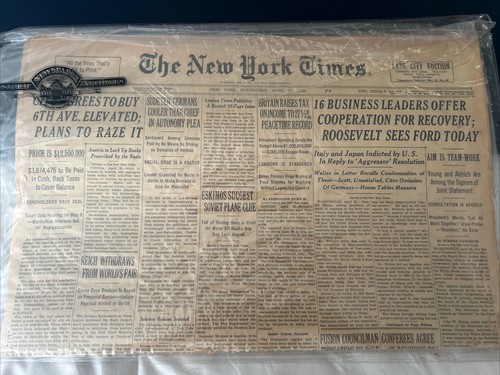 Vintage RARE 1938 New York Times Newspapers Authentic COA paper & Protector Case - Picture 2 of 10
