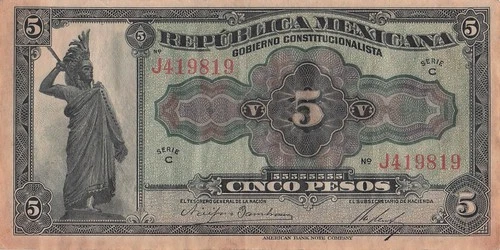 Mexico  5  Pesos   21.7.1915  Series  C  Prefix J  Circulated Banknote KAZ
