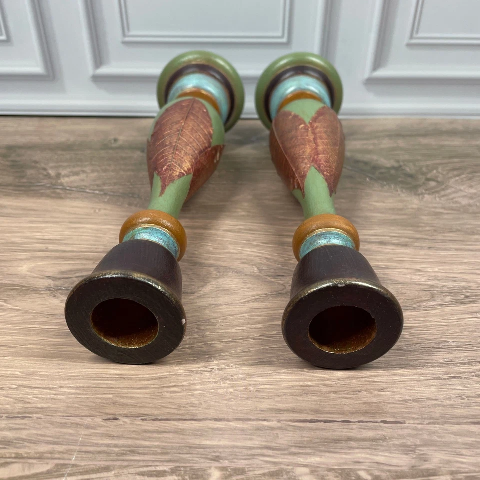 Juego de 2 Candelabros de Madera Hoja de Oro Verde Marrón Azul Artesanal Artesanal Foto 4 de 4