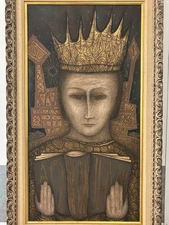 🔥 Fine Vintage 1950s Modern BYZANTINE Orthodox KING Portrait Oil Painting, THEA