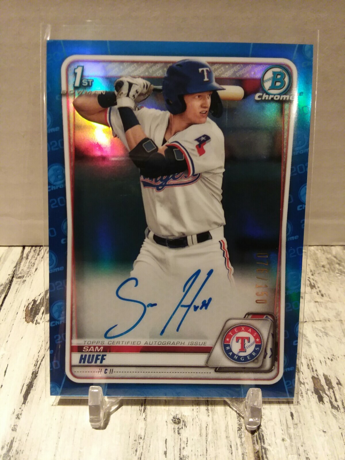 2020 Bowman Chrome 1st Sam Huff Blue Refractor Auto 76/150 Rangers HOT ROOKIE RC